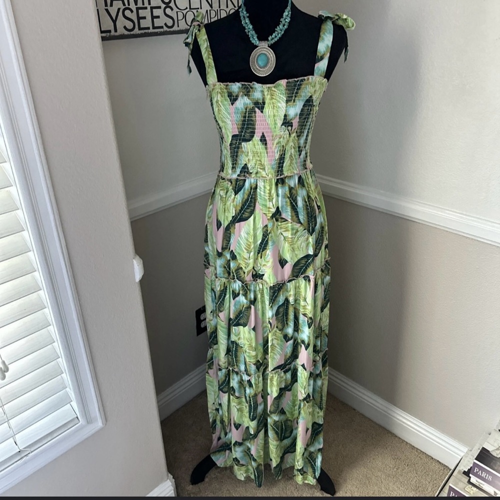 New! BeBop Green and Pink Leaf Print Maxi Dress